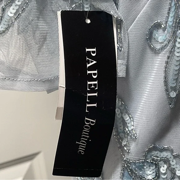 NWT Adrianna Papell Boutique Glacier Pale Blue Beaded Illusion Cocktail Gown 12 - Picture 11 of 16